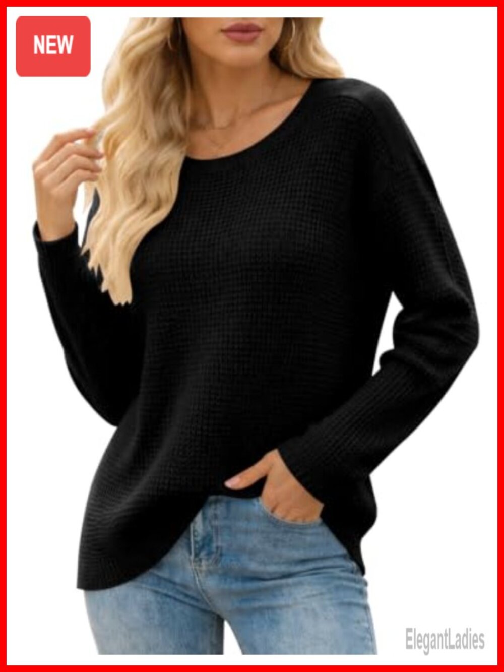 Waffle Knit Long Sleeve Crew Neck Pullover Sweater Loose Fit Lightweight